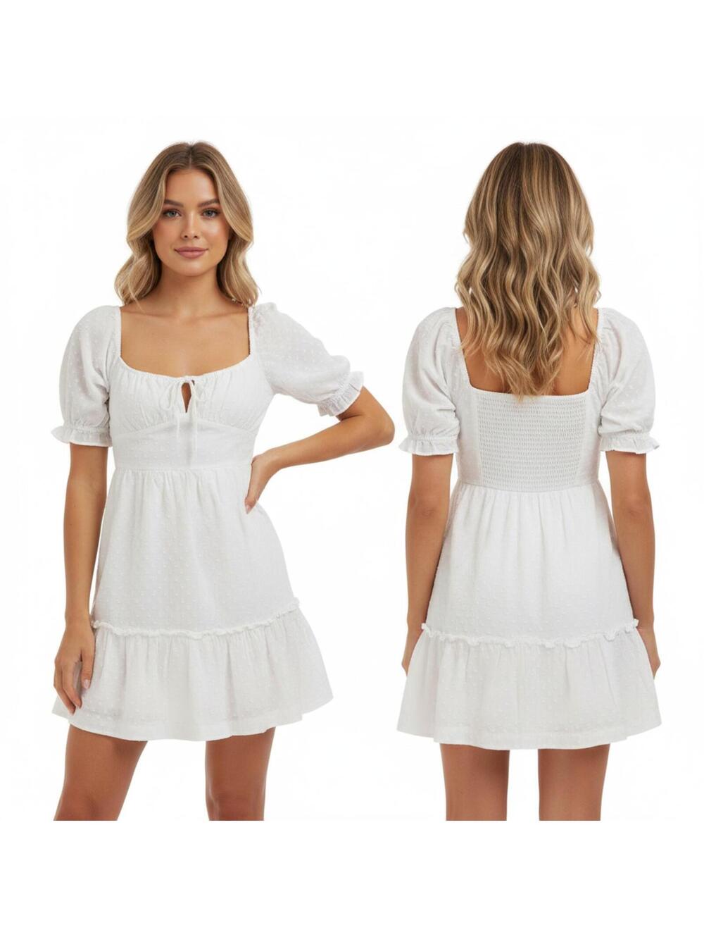 Roxy White Mini Dress Puff Sleeve Square Neck Tiered Ruffle Hem Summer